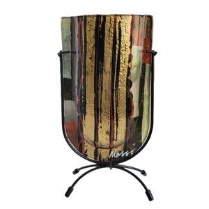 Massi Italian Vase U Shaped Art Glass with Metal Stand 9 1/4"